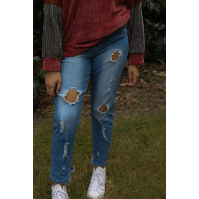 Can't Miss High Waisted Distressed Jeans In Blue