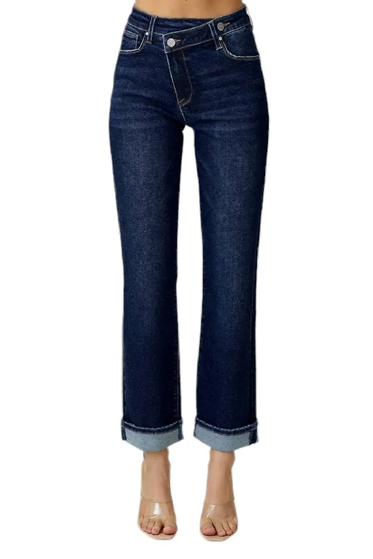 Limited Availability High Rise Straight Leg With Cross Over Waistband In Dark Denim