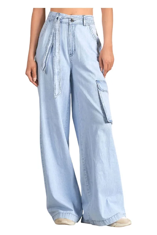 Amazing Deals Wide Leg Chambray Pants In Blue Wash