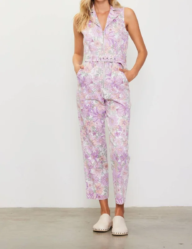 While Supplies Last Retro Floral Belted Zip Jumpsuit In Lavender