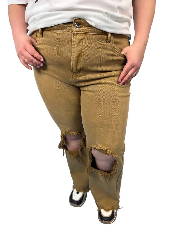Limited Quantity High Rise Knee Distressed Straight Pants In Mocha