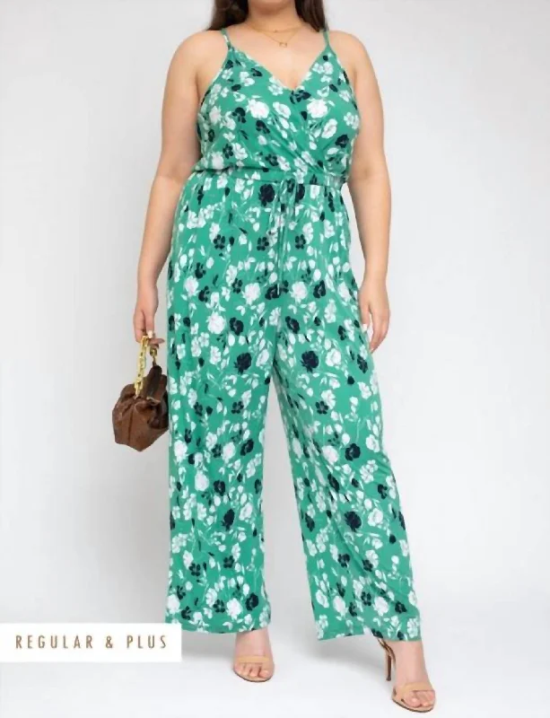 Major Savings Plus Surplice Elastic Waist Jumpsuit In Green Ivory Flowers