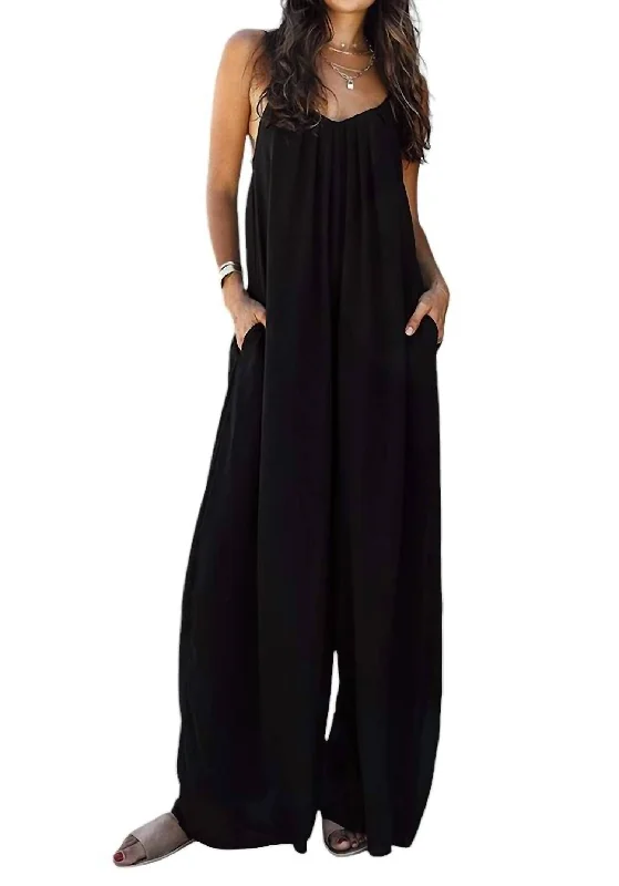 Price Drop Pleated V Neck Jumpsuit Side Pocket In Black
