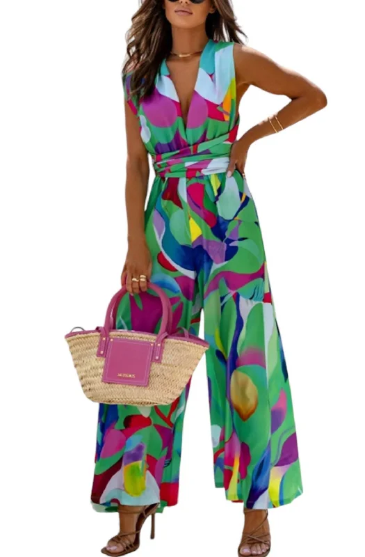 Special Discount Valina Tie Up Abstract Wide Leg Jumpsuit In Green