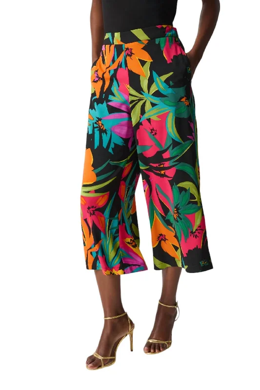 Price Reduction Hibiscus Print Wide Leg Culotte In Black/multi