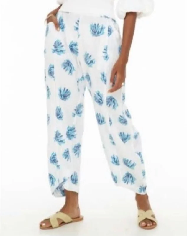 Early Access Linen Blend Coral Print Pants In White & Blue Coral