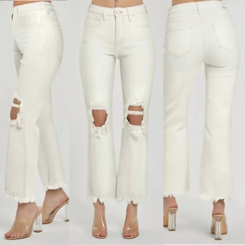Incredible Offers Knee Distressed Straight Leg Hi-Rise Jeans In Cream