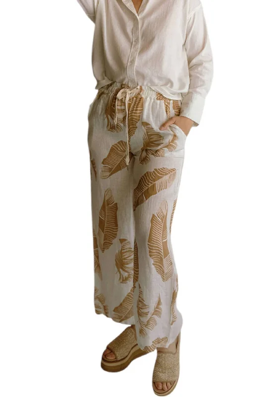 Online Only Palm Print Linen Pants In Beige