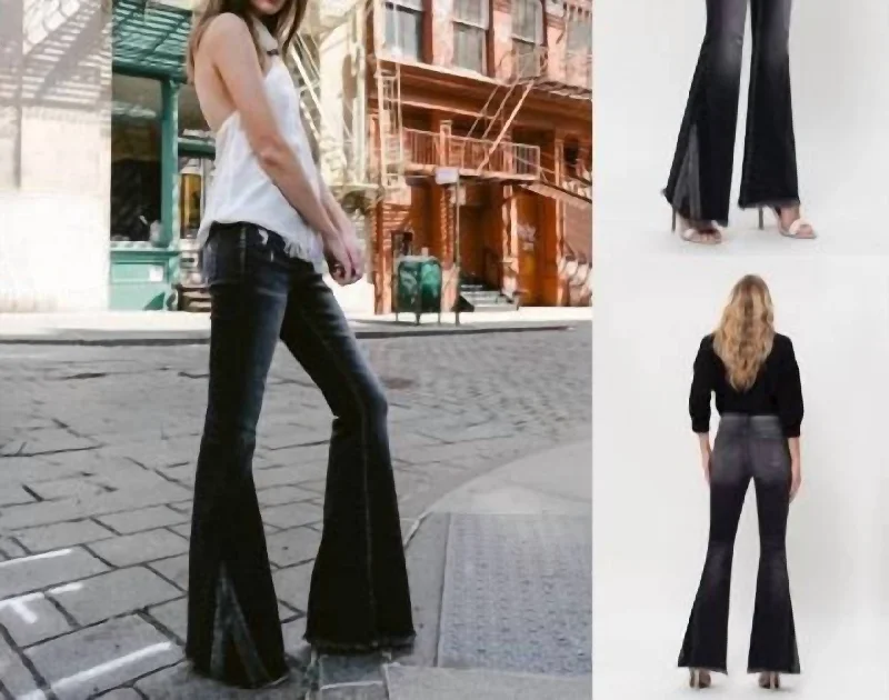Reduced Price High Rise Flare Jeans W/ Contrast Panel In Faded Black