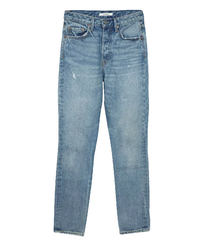 Big Savings GRLFRND High-Rise Straight Leg Jeans in Blue Cotton