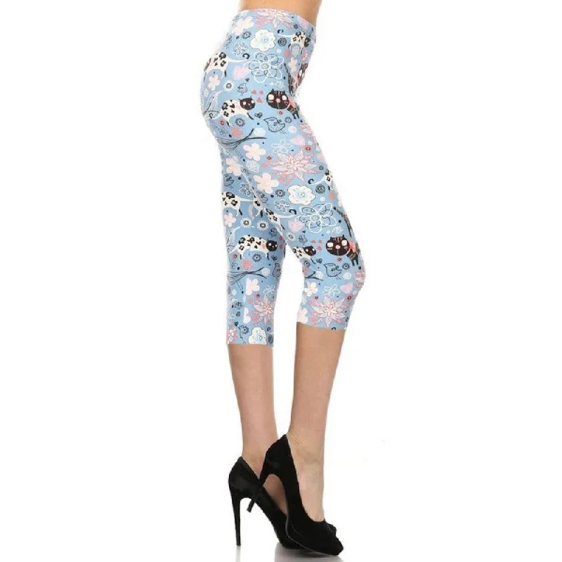 Weekend Deals That Wow Cats And Flowers Printed, High Waisted Capri Leggings