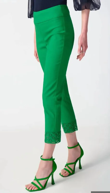Price Slash Embroidered Cutout Cuff Cropped Pant In Island Green