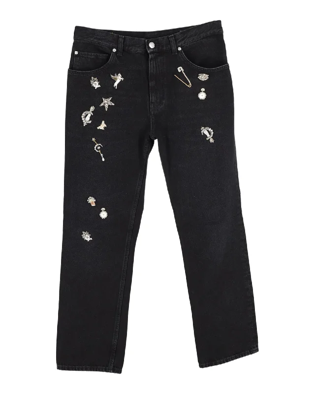 Closeout Deal Alexander McQueen Embellished Jeans in Black Cotton Denim
