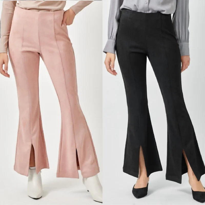 Take Advantage Suede Flare Front Slit Pants In Pink