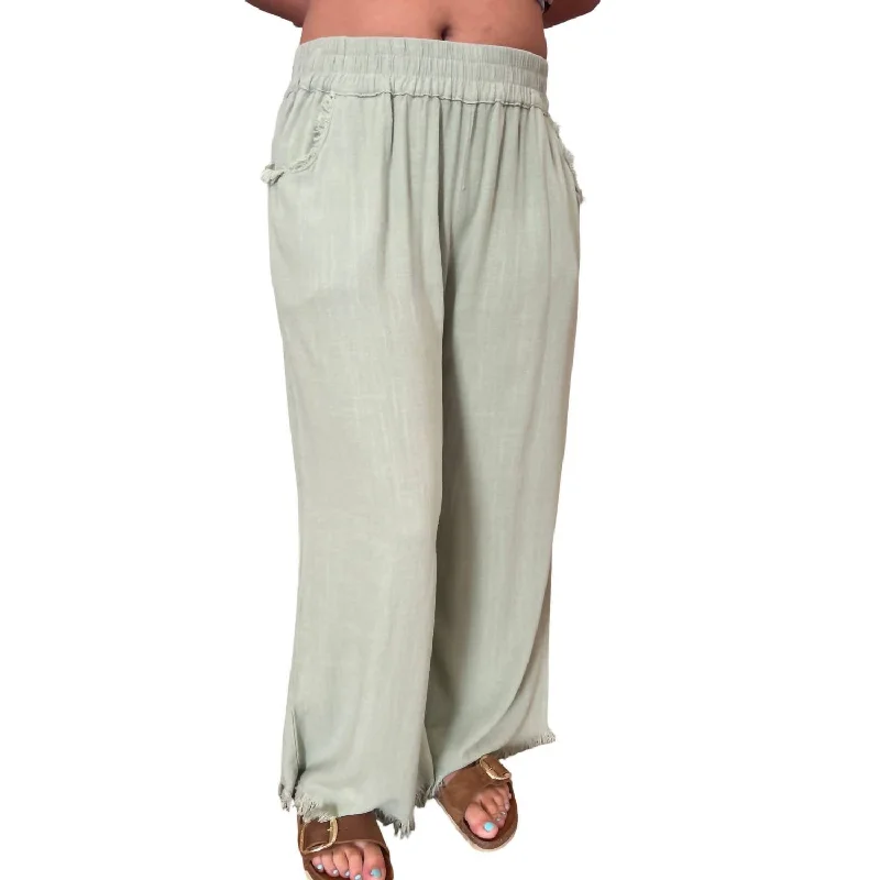 Huge Discounts Wide Leg Pants With Fray Hem In Sage