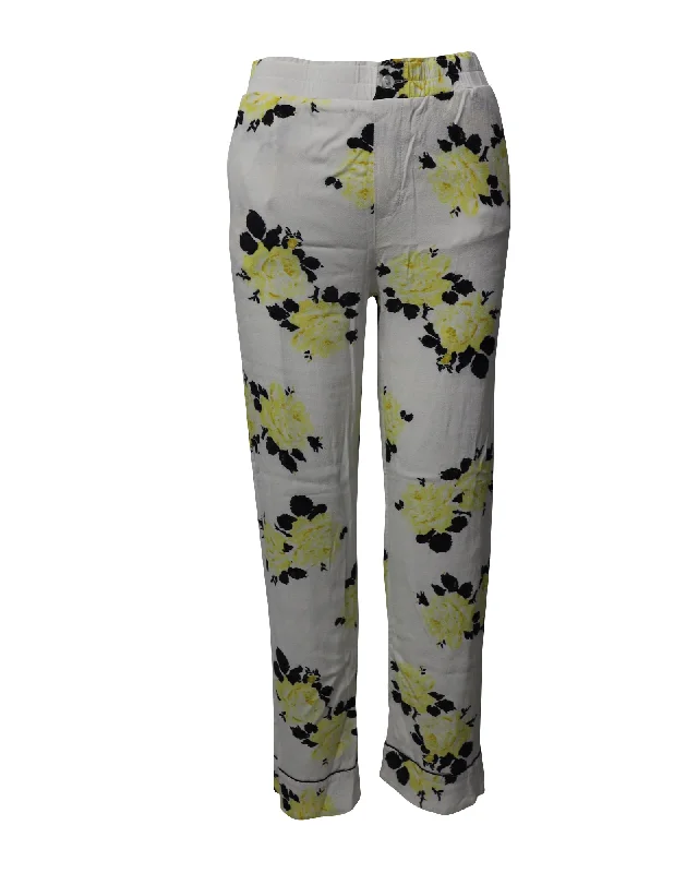 Make Your Weekend Count with Savings Ganni Floral Print Elastic Waist Trousers in White Viscose