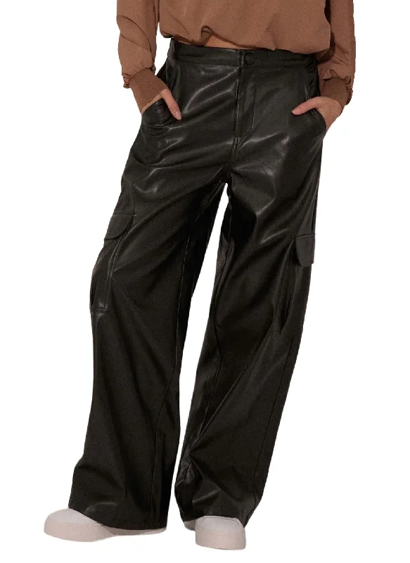YEAR-End Clearance Vegan Leather Wide-Leg Cargo Pant In Black