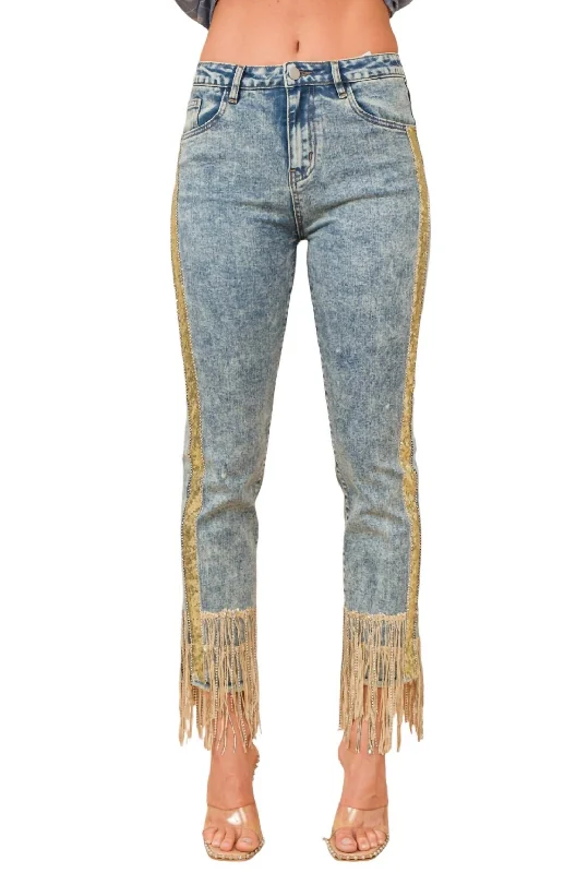 Limited Availability Sequin Striped Fringe Denim Jeans In Medium Wash