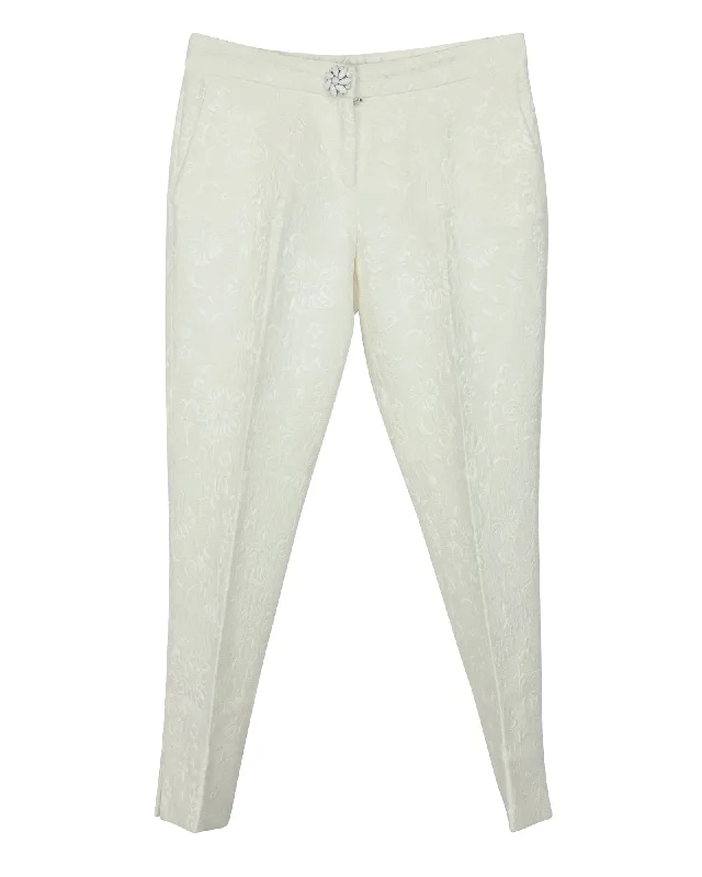 Stock Clearance Dolce & Gabbana Floral Jacquard Trousers in Ivory Cotton