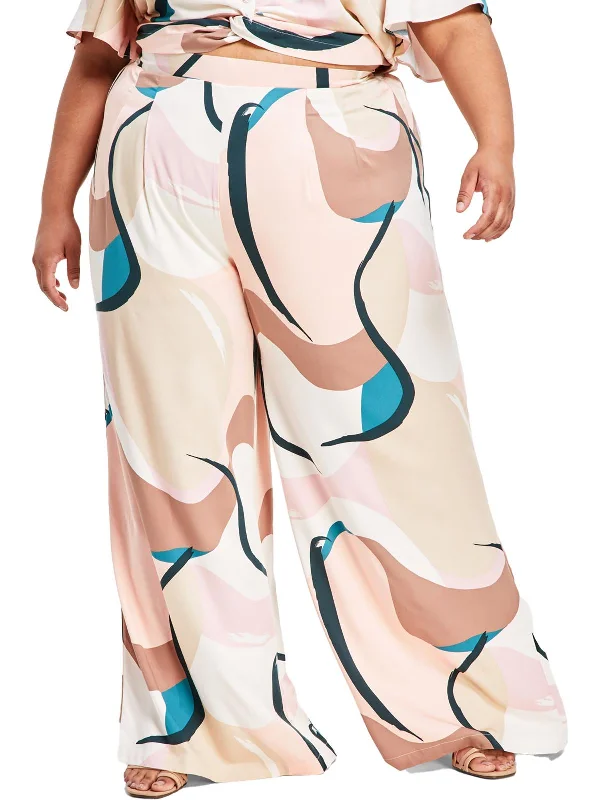 Weekend Deal Plus Womens High-Rise Printed Wide Leg Pants