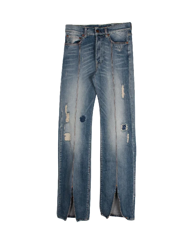 Extra Savings Off-White Distressed Straight Leg Denim Jeans in Blue Cotton