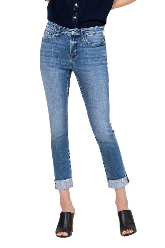 Factory Direct Sale Mid Rise Cuffed Straight Jeans In Medium Wash