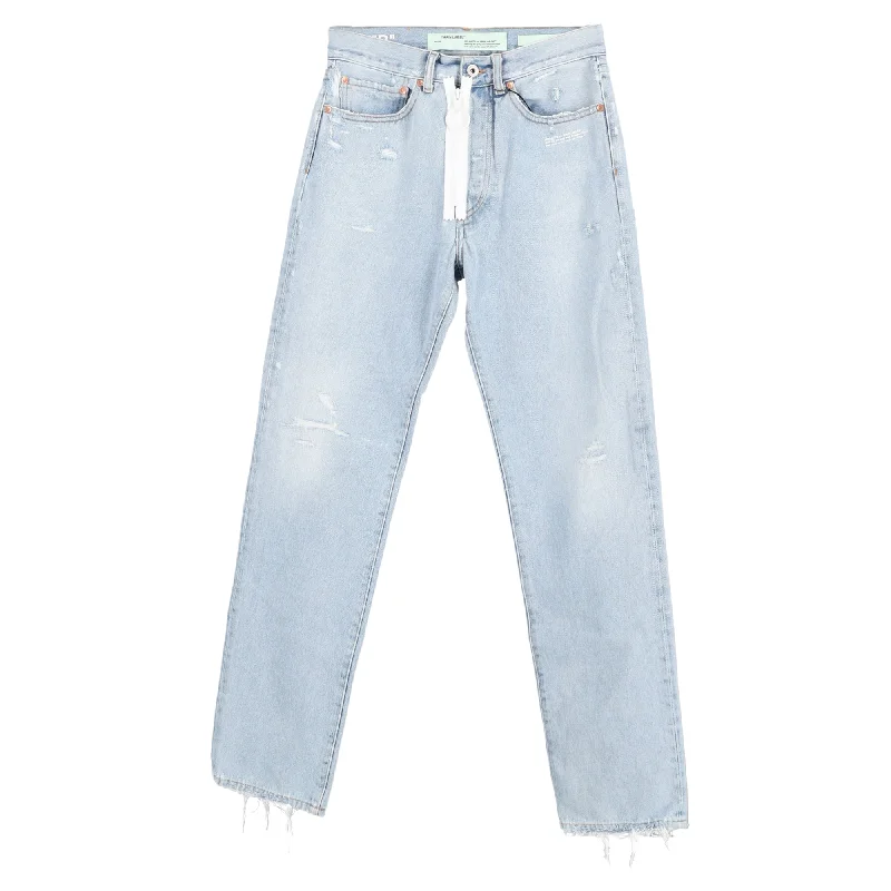 Special Offer Off-White c/o Virgil Abloh Mid-Waist Distressed Jeans in Light Blue Cotton