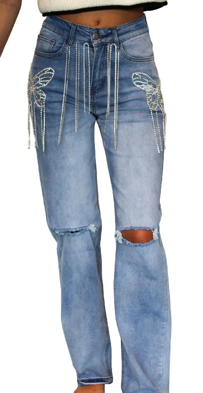 Savings Spectacular Butterfly Rhinestone Denim Jean In Blue