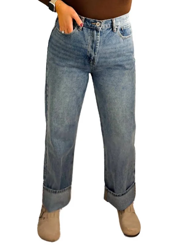 Quick Sale Cuffed Boyfriend Denim Jeans In Blue