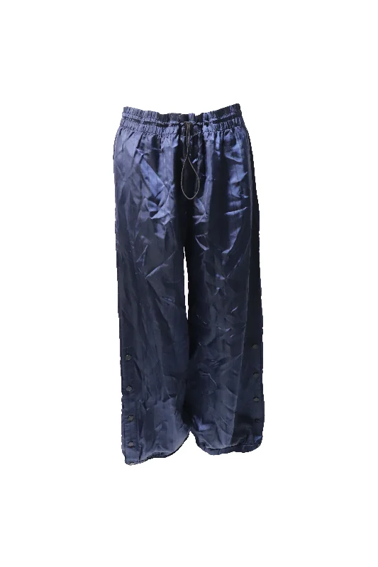 Super Bargain Monse Snap-Embellished Pinstriped Wide-Leg Pants in Navy Blue Satin