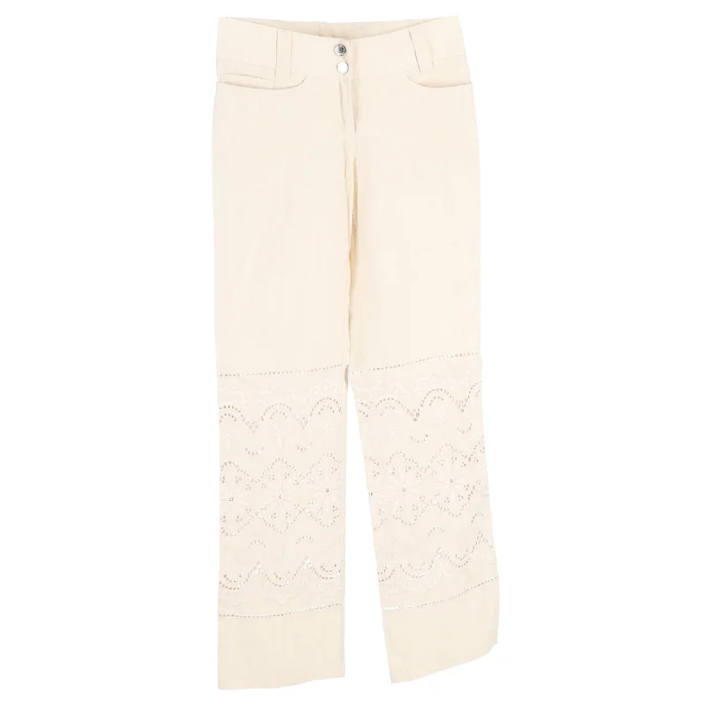 Midnight Madness Dolce & Gabbana Lace Cutout Flower Trousers in White Linen