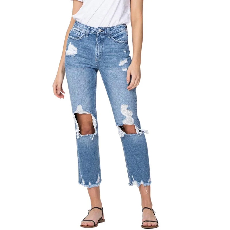 Weekend Discounts You Deserve Let Go High Rise Tattered Straight Leg Jean In Medium Wash