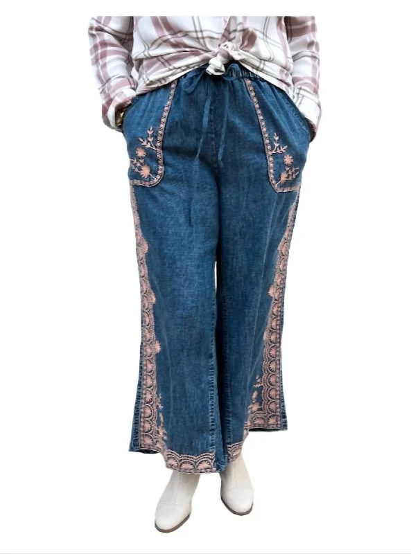 Amazing Deals Border Embroidery Denim Pants In Blue