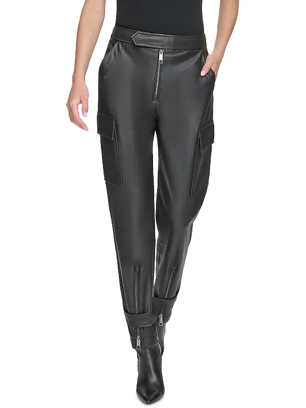 Massive Deals Womens Faux Leather High Rise Cargo Pants