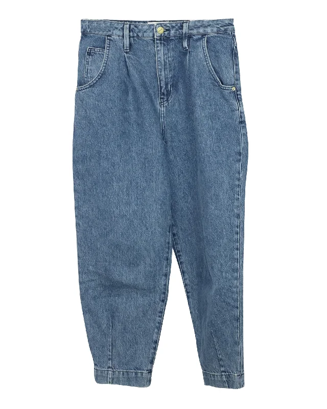 Weekend Shopping Bliss Frame Pleated Barrel Leg Jeans in Blue Cotton Denim