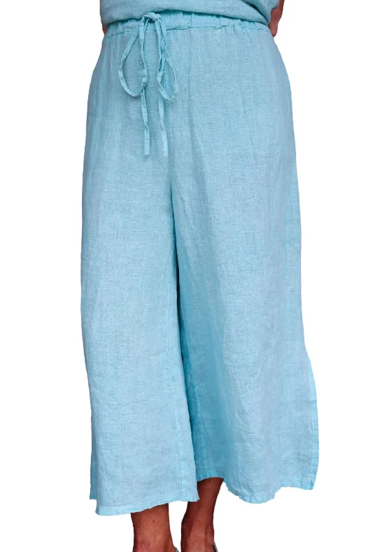 Super Deal Side Slit Crop Wide Leg Linen Pants In Tiffany Blue