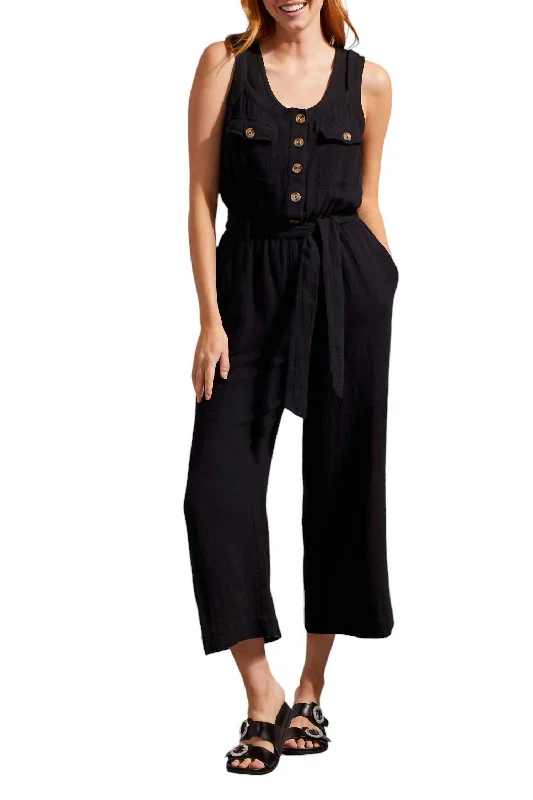 Instant Discount Jumpsuit With Sash And Pockets Button Front In Black