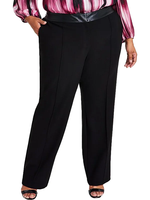 Markdowns Plus Womens Faux Leather Trim High Rise Wide Leg Pants