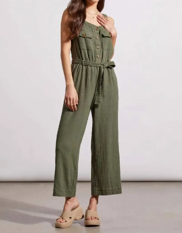 Exclusive Online Offer Cotton Gauze Belted Jumpsuit In Fern Green