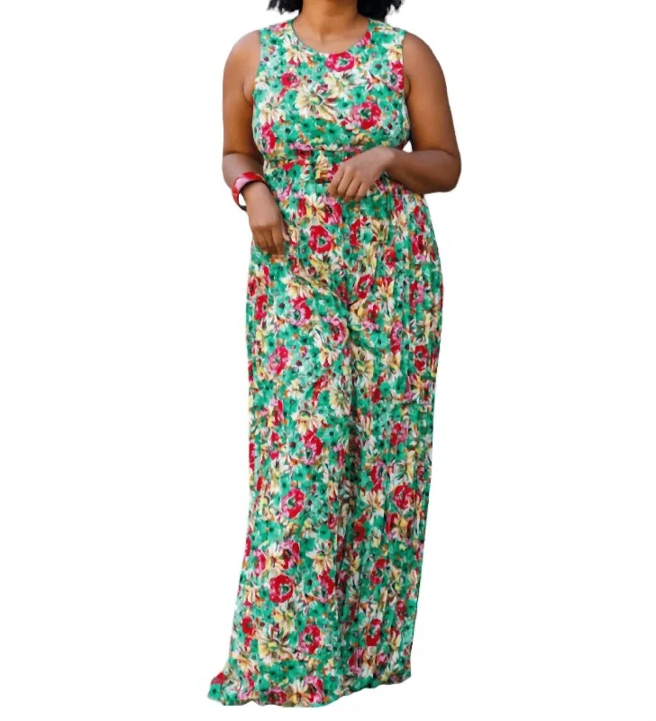 Today's Special Pleated Floral Jumpsuit In Green