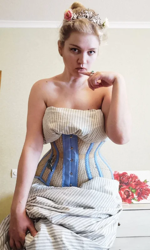 Amazing Deals Blue and beige steel boned underbust corset from mesh. Authentic corset for tight lacing Amazing Deals Blue and beige steel boned underbust corset from mesh. Authentic corset for tight lacing