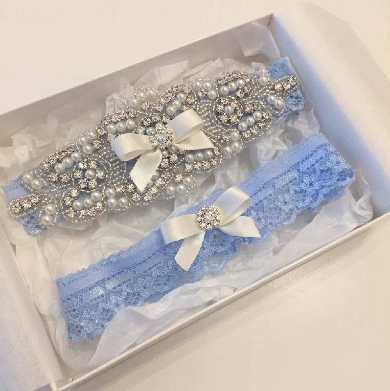 ELISABETH II |  Blue Lace Wedding Garters with Crystals and Pearls - Something Blue Bridal