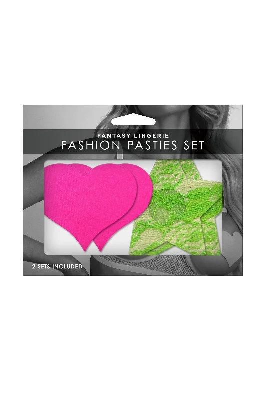 Midnight Madness Fantasy UV Reactive Neon Heart & Lace Star Pasties Pink & Green Pack of 2