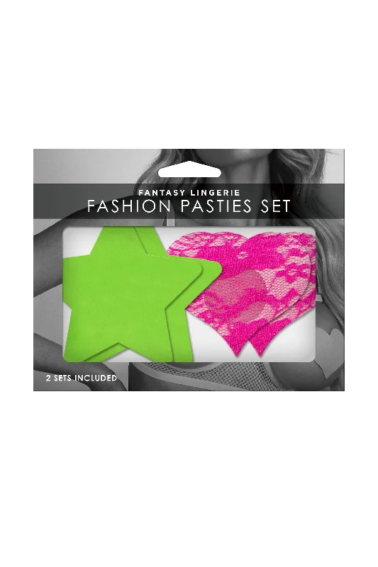 Markdown Sale Fantasy UV Reactive Neon Star & Lace Heart Pasties Green & Pink Pack of 2
