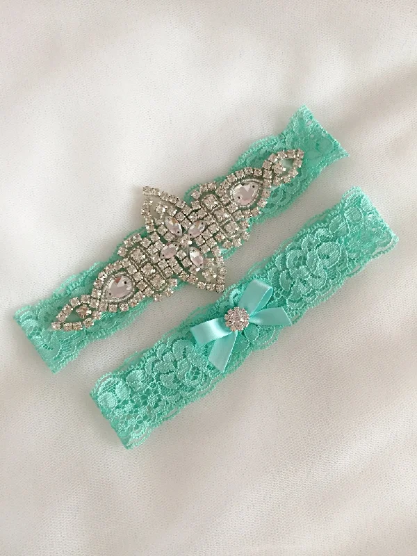 KENNA | Mint Lace Wedding Garter Set with Crystals