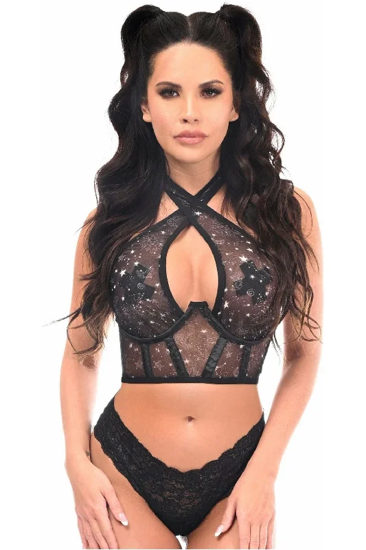 TIME-Limited Offer Lavish Celestial Print Mesh Underwire Cincher w/Built In Halter Top TIME-Limited Offer Lavish Celestial Print Mesh Underwire Cincher w/Built In Halter Top