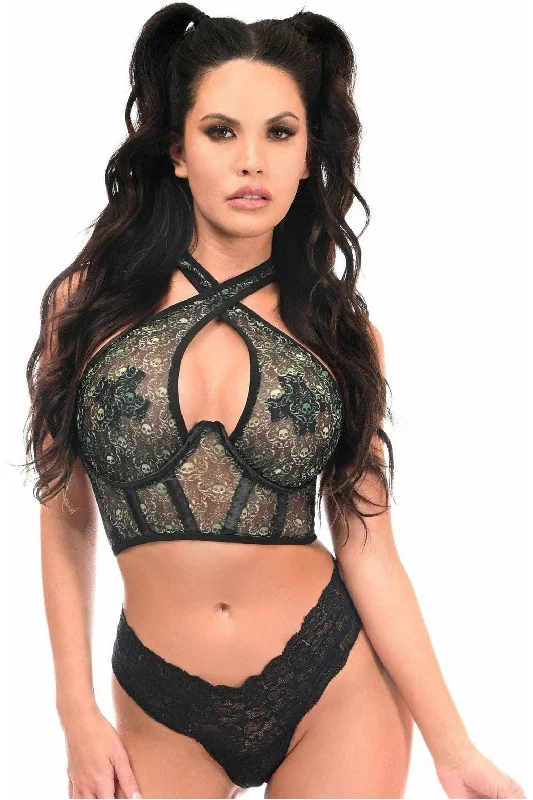 Can't Resist Lavish Green Skulls Print Mesh Underwire Cincher w/Built In Halter Top