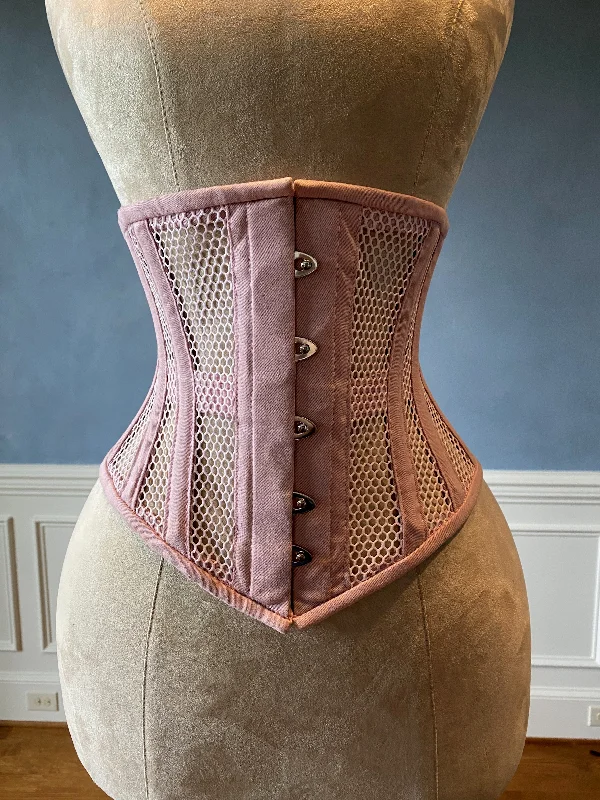 Stock Clearance Real steel boned underbust underwear corset from transparent mesh and cotton. Summer waist training corset for tight lacing of pink color Stock Clearance Real steel boned underbust underwear corset from transparent mesh and cotton. Summer waist training corset for tight lacing of pink color