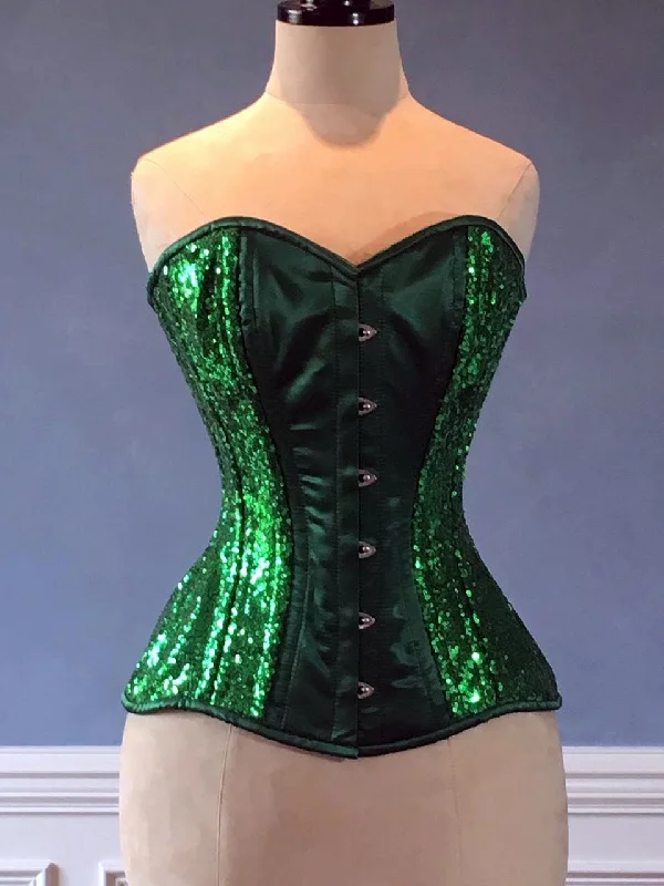 Deal Zone Shiny sequins and satin overbust authentic corset with long hip-line. Steel-boned corset for tight lacing, Poison Ivy cosplay green corset Deal Zone Shiny sequins and satin overbust authentic corset with long hip-line. Steel-boned corset for tight lacing, Poison Ivy cosplay green corset