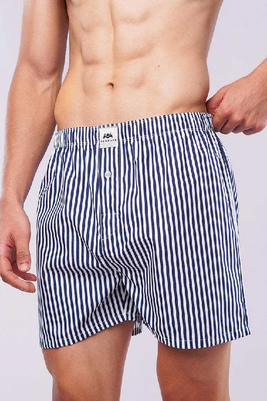 Weekend Discounts to Celebrate Striped Woven Boxer Shorts - Navy Blue & White